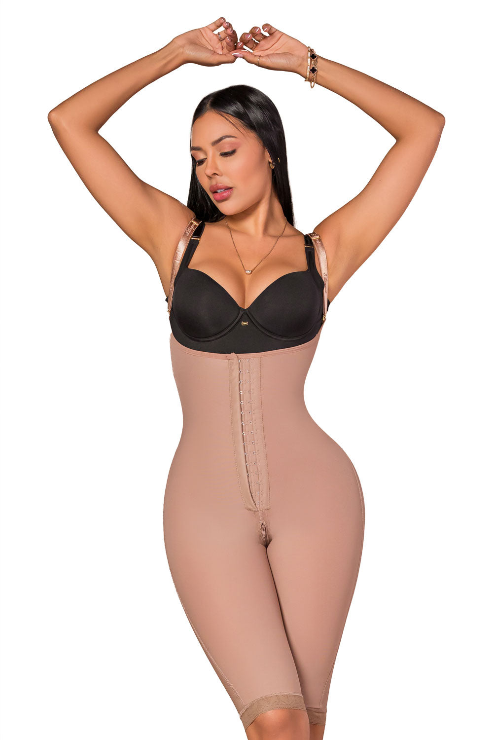 Faja moldeadora de abdomen y pierna hasta la rodilla con tres líneas de broches en color cocoa