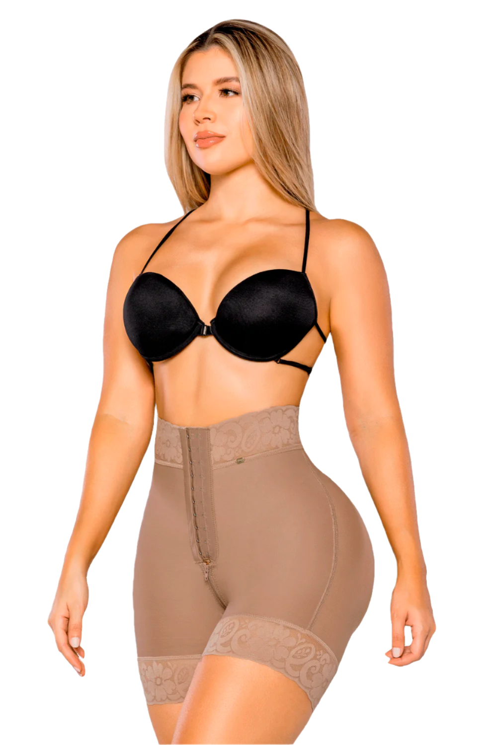 El panty efecto lipo a media pierna tiene tres líneas de broches para ajuste, ofrece compresión en el abdomen bajo y está diseñado con una tecnología de transformación textil sin costuras frontales ni traseras. color cocoa