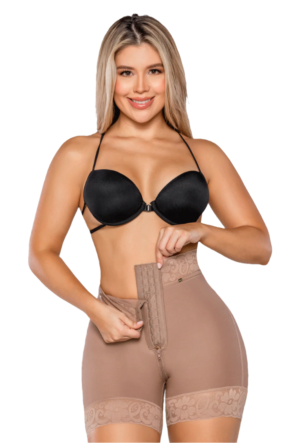 El panty efecto lipo a media pierna tiene tres líneas de broches para ajuste, ofrece compresión en el abdomen bajo y está diseñado con una tecnología de transformación textil sin costuras frontales ni traseras. color cocoa