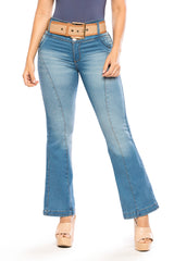 Jean skinny push up azul medio con tirantes decorativos y pretina baja que realza los glúteos