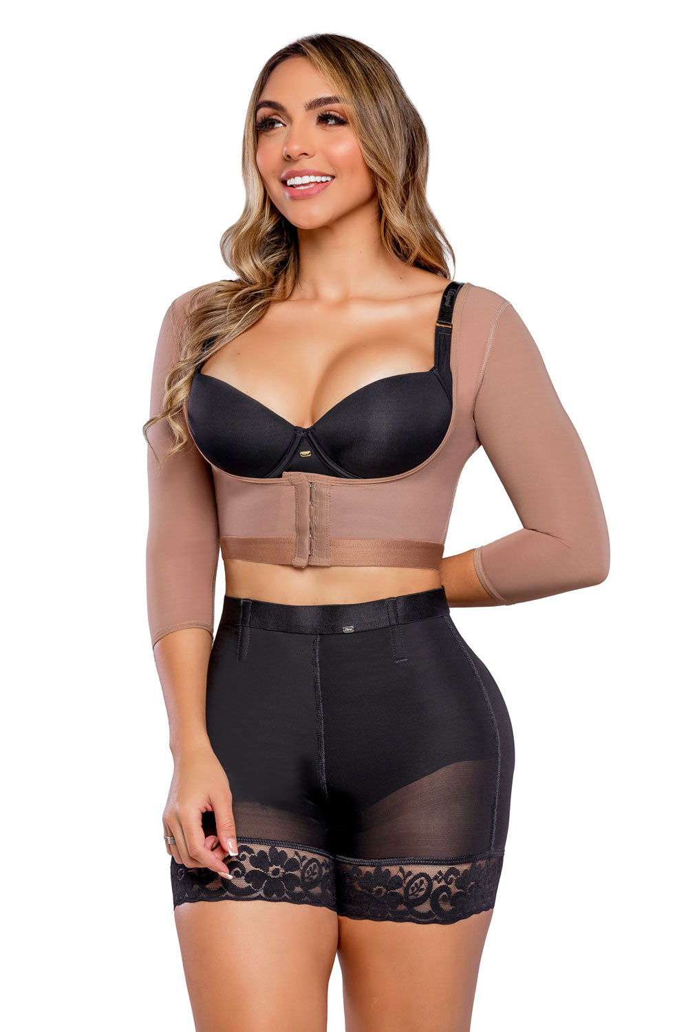 Mangas moldeadoras de brazos con corrección de postura en la espalda, cubre rollitos debajo del busto y con vitamina E. Color COCOA