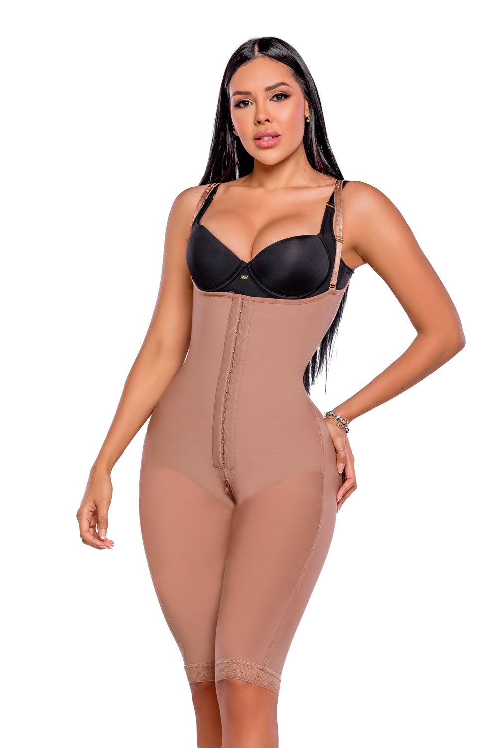 Faja moldeadora de abdomen y pierna  hasta la rodilla con tres líneas de broches en color cocoa
