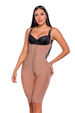 Faja moldeadora de abdomen y pierna  hasta la rodilla con tres líneas de broches en color cocoa