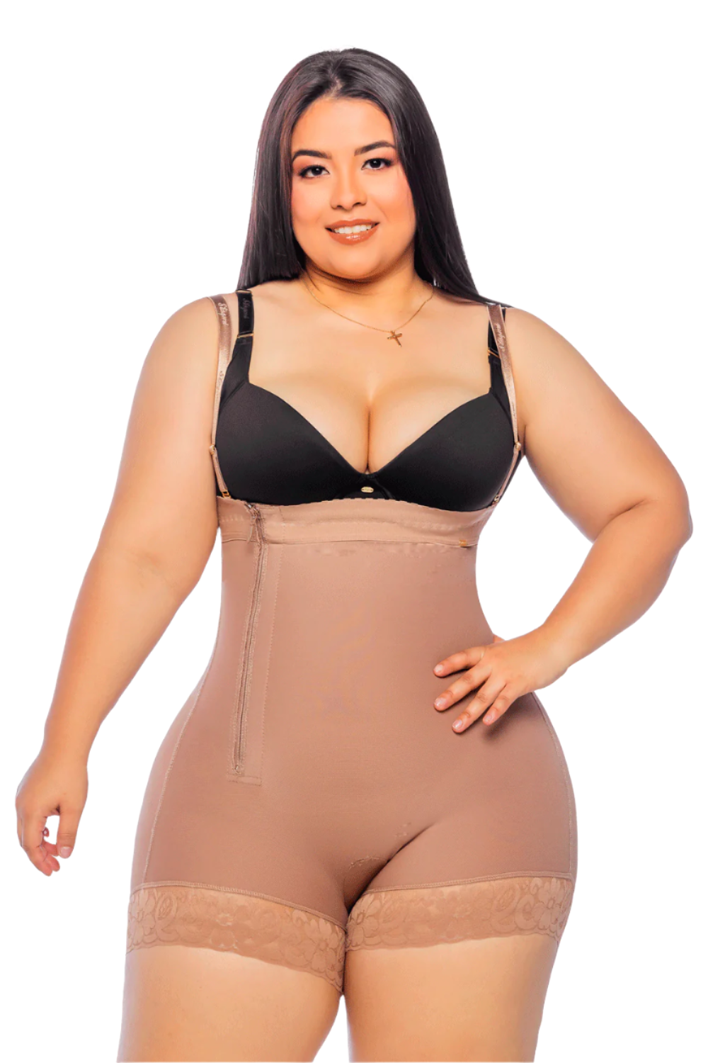 Faja strapless a media piernas corta, con tirantes removibles y zipper lateral en abdomen. Ideal postparto cuanta con  hueco perineal contiene Vitamina E color cocoa