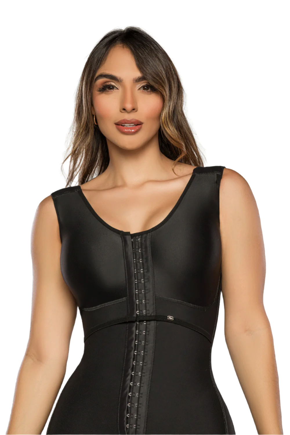 Faja cachetera que cubre rollitos en espalda y busto, con realce de busto. Ideal para posparto, incluye bra moldeable, compresión media y vitamina E. color negro